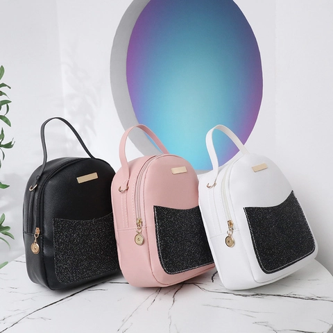 Mini Backpack For Women Shiny Sequin Glitter PU Leather Fashion Small School Bag Trendy Casual Travel Rucksack
