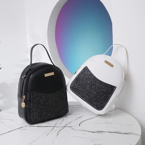 Mini Backpack For Women Shiny Sequin Glitter PU Leather Fashion Small School Bag Trendy Casual Travel Rucksack