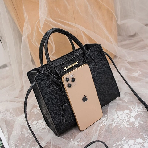 Women Litchi Pattern PU Leather Handbag Mini Top Handle Crossbody Shoulder Bag Versatile Fashion Small Tote