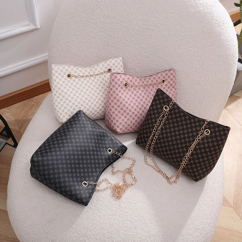 Borsa A Spalla Donna Grande Capacità Pelle PU Stampa Geometrica Retro Catena Tracolla Tote Secchiello