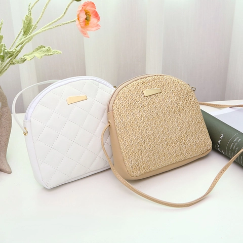 Women Quilted Rhombus Crossbody Bag PU Leather Shell Shape Gold Metal Decor Casual Daily Shoulder Bag