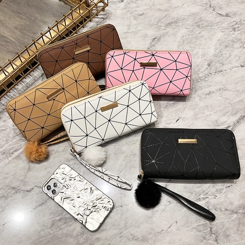 Damen Langes Portemonnaie Clutch Geometrisches Dreiecksmuster PU Leder Große Kapazität Kartenhalter Mit Pompon Handschlaufe