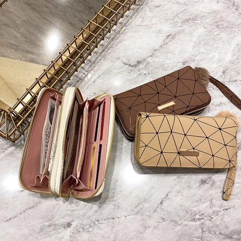 Damen Langes Portemonnaie Clutch Geometrisches Dreiecksmuster PU Leder Große Kapazität Kartenhalter Mit Pompon Handschlaufe
