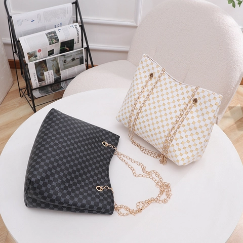 Borsa A Spalla Donna Grande Capacità Pelle PU Stampa Geometrica Retro Catena Tracolla Tote Secchiello