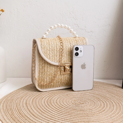 Damen Stroh Handtasche Mit Kunstperlen Griff Und Metall Kettenriemen Mini Urlaub Umhängetasche Gewebte Strandtasche