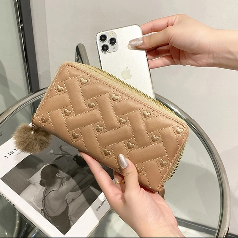 Women Long PU Leather Wallet Heart Embroidery Woven Texture Clutch Purse With Pom Pom Charm And Wristlet Strap Simple