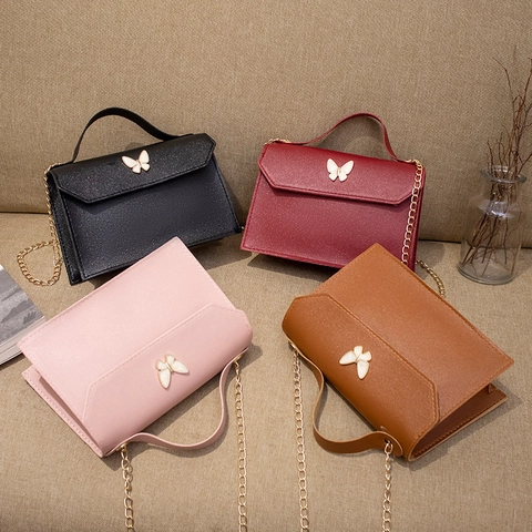 Women PU Leather Crossbody Bag Elegant Butterfly Buckle Small Square Handheld Chain Strap Solid Color Versatile