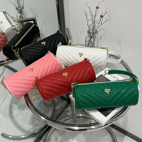 Women Quilted Barrel Crossbody Bag PU Leather Chevron Pattern Gold Metal Chain Strap Cylinder Shoulder Purse For Lady