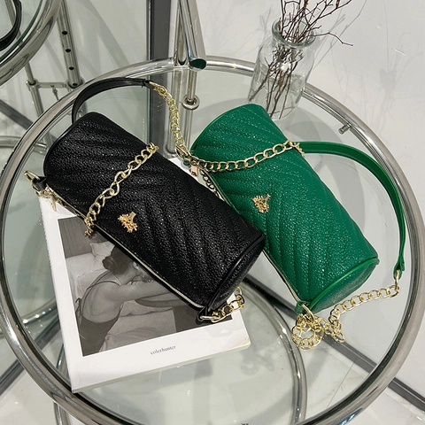 Women Quilted Barrel Crossbody Bag PU Leather Chevron Pattern Gold Metal Chain Strap Cylinder Shoulder Purse For Lady