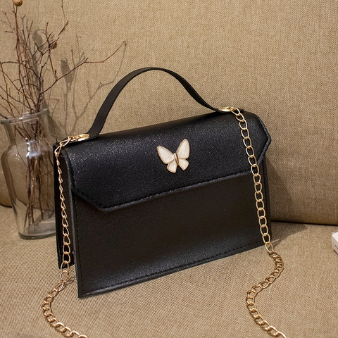 Women PU Leather Crossbody Bag Elegant Butterfly Buckle Small Square Handheld Chain Strap Solid Color Versatile