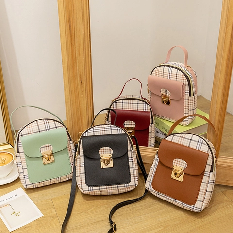 Mini Backpack For Women PU Leather Plaid Fabric Crossbody Shoulder Bag Dual Use Retro British Style Heart Lock Golden Hardware