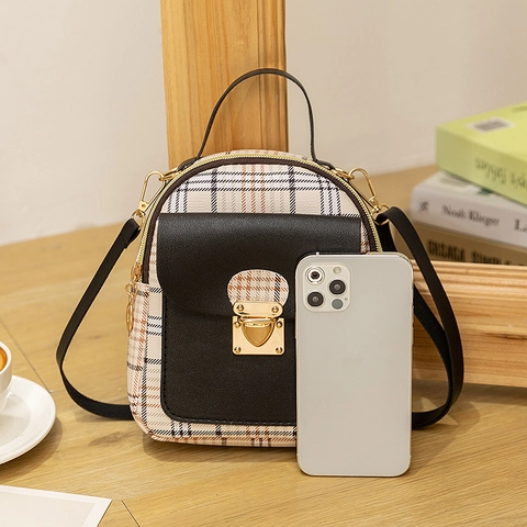 Mini Backpack For Women PU Leather Plaid Fabric Crossbody Shoulder Bag Dual Use Retro British Style Heart Lock Golden Hardware