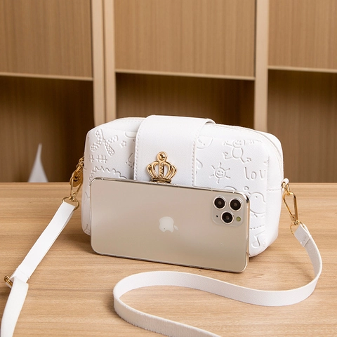Women Embossed Crossbody Bag PU Leather Mini Square Purse With Metal Crown Tassel Cartoon Pattern Sweet Style Shoulder Bag