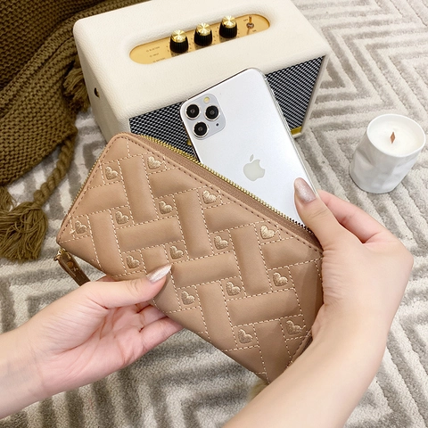 Women Long Wallet PU Leather Heart Embroidery Quilted Zip Around Clutch Purse With Pom Pom Charm And Wristlet Strap