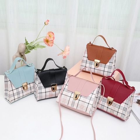 Plaid Patchwork Handbag PU Leather Small Square Crossbody Bag With Gold Metal Lock Vintage Elegant For Women Daily Use