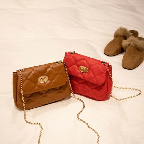 Women Quilted Crossbody Bag PU Leather Rhombus Pattern Chain Shoulder Handbag Elegant Turn Lock Clasp Square Messenger Bag