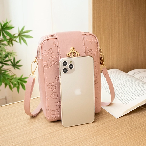 Mini Crossbody Cell Phone Bag For Women PU Leather Embossed Cartoon Pattern Metal Crown Tassel Fashion Vertical Square Pouch