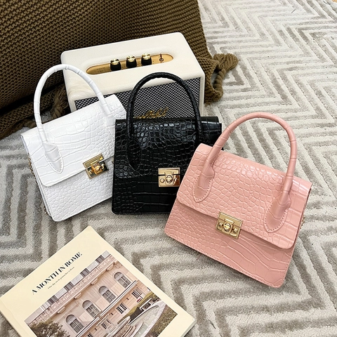 Croc Embossed PU Leather Handbag Square Gold Lock Metal Chain Strap Crossbody Shoulder Bag For Women Chic
