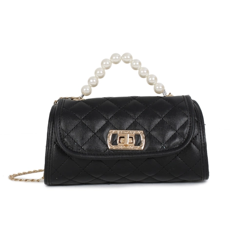 Damen Gesteppte Zylindertasche Künstliche Perlen Griff Goldene Kette Umhängetasche Kunstleder Mini Handtasche Abend Party Clutch