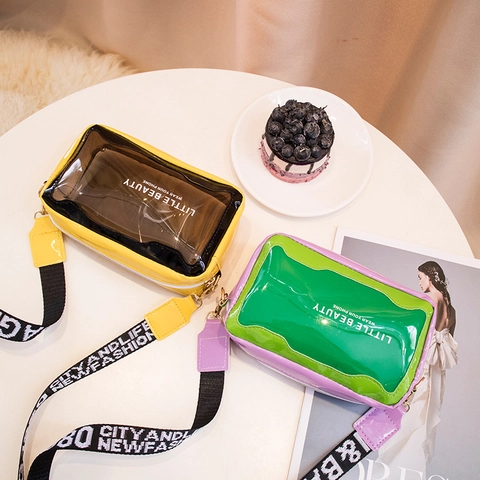 Transparent Phone Crossbody Bag PVC PU Leather Wide Letter Strap Small Square Waterproof Handbag For Women