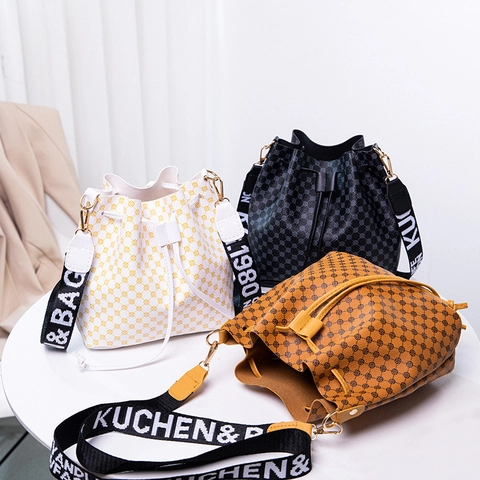 Borsa Secchiello Stampata Retro Donna Pelle PU Chiusura Coulisse Tracolla Borsa Spalla Tracolla Larga Motivo Geometrico