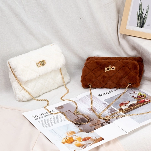 Plush Crossbody Bag Quilted Rhombic Pattern Faux Fur Chain Shoulder Bag With Metal Turn Lock Chic For Women