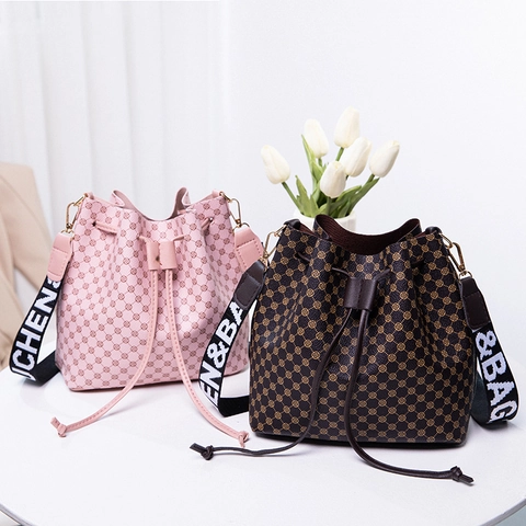Borsa Secchiello Stampata Retro Donna Pelle PU Chiusura Coulisse Tracolla Borsa Spalla Tracolla Larga Motivo Geometrico