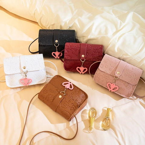 Women Mini Cartoon Embossed PU Leather Crossbody Bag Cute Heart Pendant Small Shoulder Bag For Girls Sweet Daily Purse