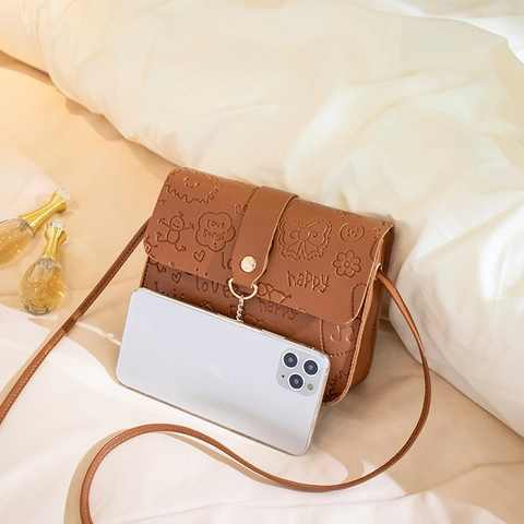 Women Mini Cartoon Embossed PU Leather Crossbody Bag Cute Heart Pendant Small Shoulder Bag For Girls Sweet Daily Purse