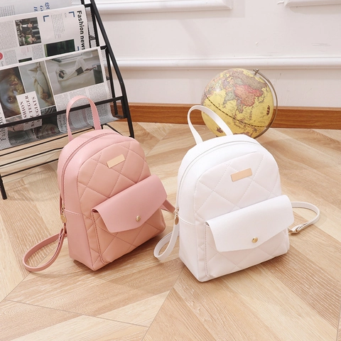 Mini Backpack Women PU Leather Quilted Diamond Pattern Fashion Casual Rucksack Front Flap Pocket Adjustable Straps
