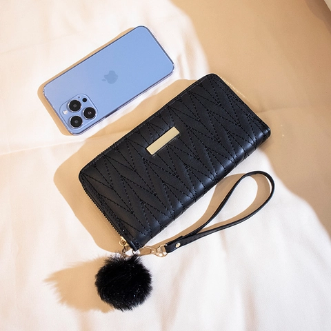 Women Long Wallet PU Leather V-Quilted Zipper Around Clutch Purse With Wristlet Strap And Pom Pom Keychain Fashion Elegant