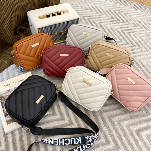 Women Quilted Crossbody Bag PU Leather Camera Bag Wide Letter Print Strap Gold Hardware Casual Shoulder Bag Daily Square