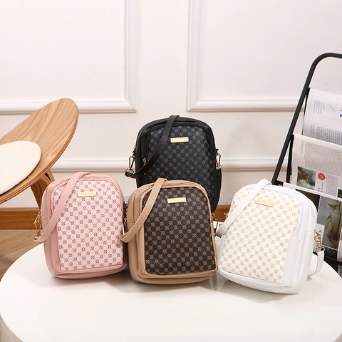 Frauen Umhängetasche Handy Tasche PU Leder Vintage Monogramm Mehrschicht Reißverschluss Kleine Tasche Verstellbarer Riemen