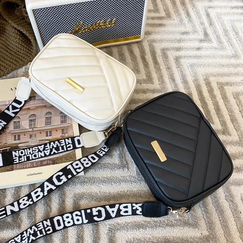 Women Quilted Crossbody Bag PU Leather Camera Bag Wide Letter Print Strap Gold Hardware Casual Shoulder Bag Daily Square