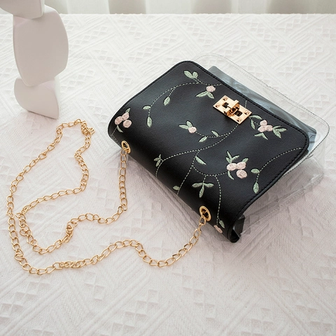 Damen Umhängetasche Blumenstickerei PU Leder Transparentes PVC Mini Quadratisch Goldene Kette Drehverschluss Elegant