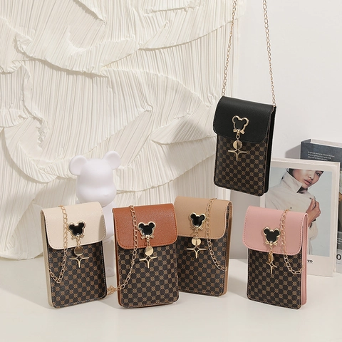 Vintage Crossbody Phone Bag For Women PU Leather Retro Printed Mini Shoulder Pouch With Metal Chain Strap And Flip Cover
