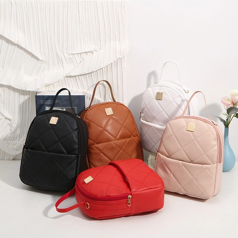 Women Mini Backpack PU Leather Quilted Diamond Pattern Golden Hardware Earphone Hole Casual Travel Fashion Small School Bag
