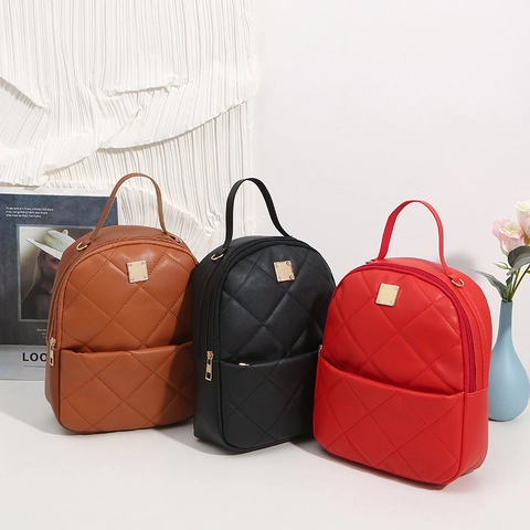 Women Mini Backpack PU Leather Quilted Diamond Pattern Golden Hardware Earphone Hole Casual Travel Fashion Small School Bag