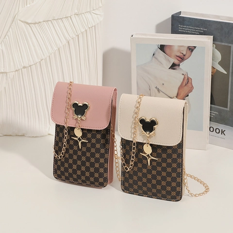 Vintage Crossbody Phone Bag For Women PU Leather Retro Printed Mini Shoulder Pouch With Metal Chain Strap And Flip Cover
