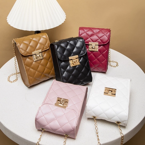 Gesteppte Mini Umhängetasche Aus PU Leder Mit Goldener Kette Und Schlossverschluss Für Damen Mode Handy Tasche
