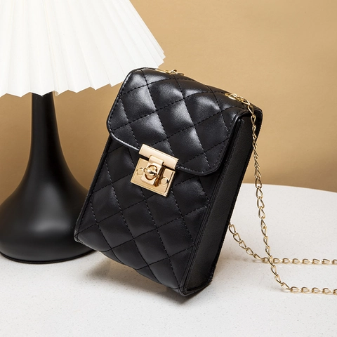 Gesteppte Mini Umhängetasche Aus PU Leder Mit Goldener Kette Und Schlossverschluss Für Damen Mode Handy Tasche
