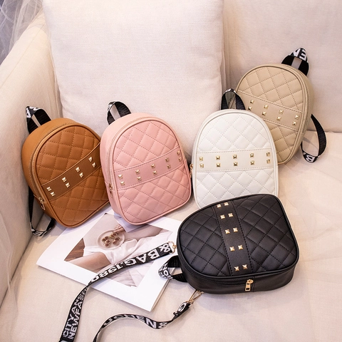 Women Mini Backpack PU Leather Quilted Gold Rivets Letter Print Webbing Straps Fashion Casual Daypack
