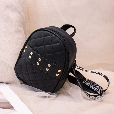 Women Mini Backpack PU Leather Quilted Gold Rivets Letter Print Webbing Straps Fashion Casual Daypack