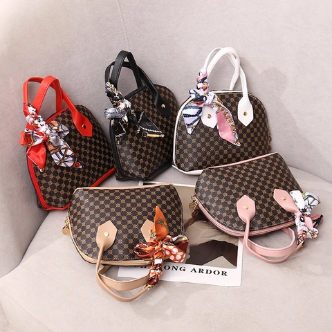 Vintage Print Schelp Handtas Voor Dames PU Leer Tas Met Decoratieve Satijnn Sjaal En Ketting Retro Stijl
