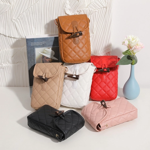 Quilted Rhombic Women Crossbody Phone Bag PU Leather Toggle Buckle Flap Small Shoulder Pouch For Daily Use