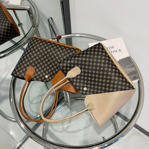 Vintage PU Leather Splicing Tote Handbag Geometric Monogram Print Color Block Stitching Stylish Women Shopping Bag