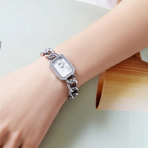 Orologio Al Quarzo Da Donna Rettangolare Lega D Argento Strass Bracciale A Catena Moda Elegante Impermeabile Orologio Da Polso