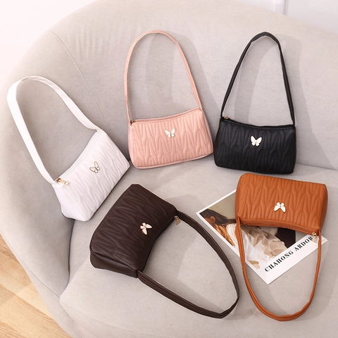 Quilted PU Leather Underarm Shoulder Bag With Metal Butterfly Decor Wave Pattern Fashion Handbag For Women