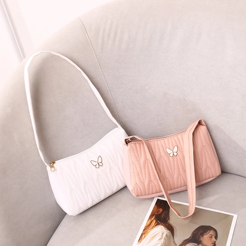Quilted PU Leather Underarm Shoulder Bag With Metal Butterfly Decor Wave Pattern Fashion Handbag For Women