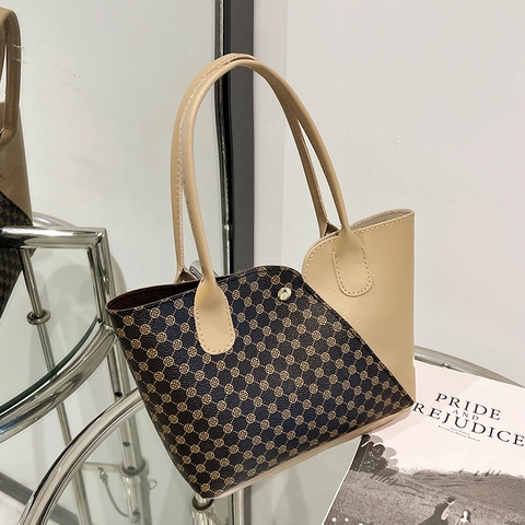 Fashion Women Mini Patchwork Tote Bag Retro Geometric Circle Print PU Leather Handbag Casual Phone Bag Small Bucket Bag For Women